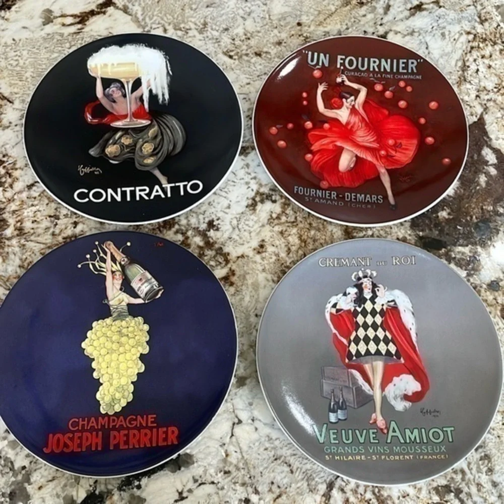 Complete Set POTTERY BARN Bubbly Ceramic French Champagne Cocktail Plates 8.25